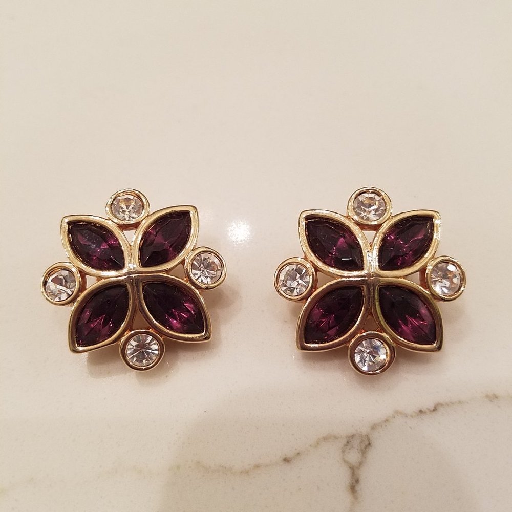 S.A.L.O purple/clear crystal gold tone earrings